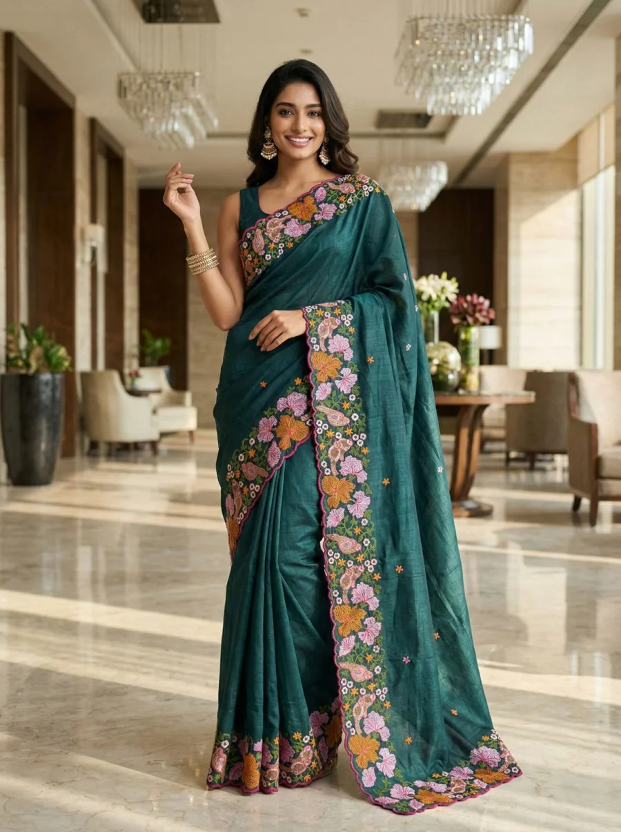 4DESIGNER MANIPURI SILK MULTI COLOUR THREAD EMBROIDERY WITH CUTWORK SAREE WITH UNSTITCHED BLOUSE WEDDING WEAR WHOLESALE PRICE ETHNIC GARMENT (23)