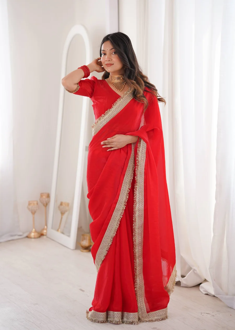 4DESIGNER SATIN SILK FANCY SEQUENCE LACE BORDER WORK SAREE WITH UNSTITCHED BLOUSE WEDDING WEAR WHOLESALE PRICE ETHNIC GARMENT (26)