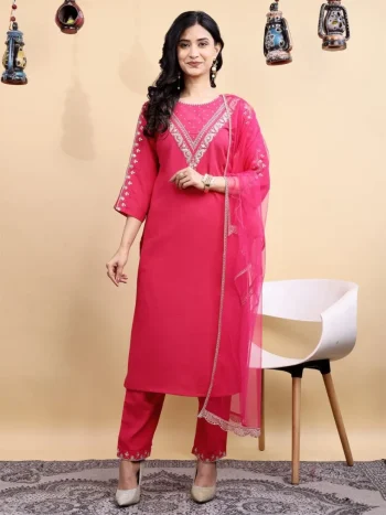 FANCY BLEND COTTON EMBROIDERY WORK TOP BOTTOM WITH DUPATTA PINK