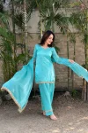 FANCY FENDY SATIN MIRROR AND MOTI WITH LACE BORDER WORK TOP PALAZZO WITH DUPATTA SKY