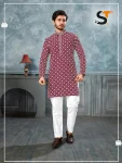 MODERN RAYON  CHIKAN WORK MEN'S KURTA PAYJAMA RED
