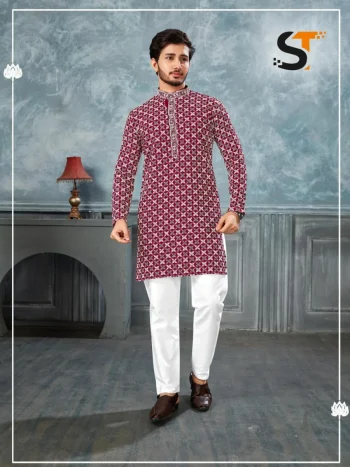 MODERN RAYON  CHIKAN WORK MEN'S KURTA PAYJAMA RED