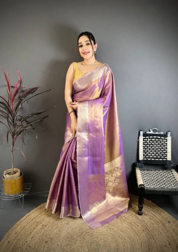 NEW ARRIVAL BANARASI TISSUE SILK WEAVING ZARI WORK SAREE WITH UNSTITCHED BLOUSE PURPLE