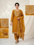 NEW ARRIVAL SLUB COTTON CUT PASTE EMBROIDERY WORK TOP BOTTOM WITH DUPATTA YELLOW