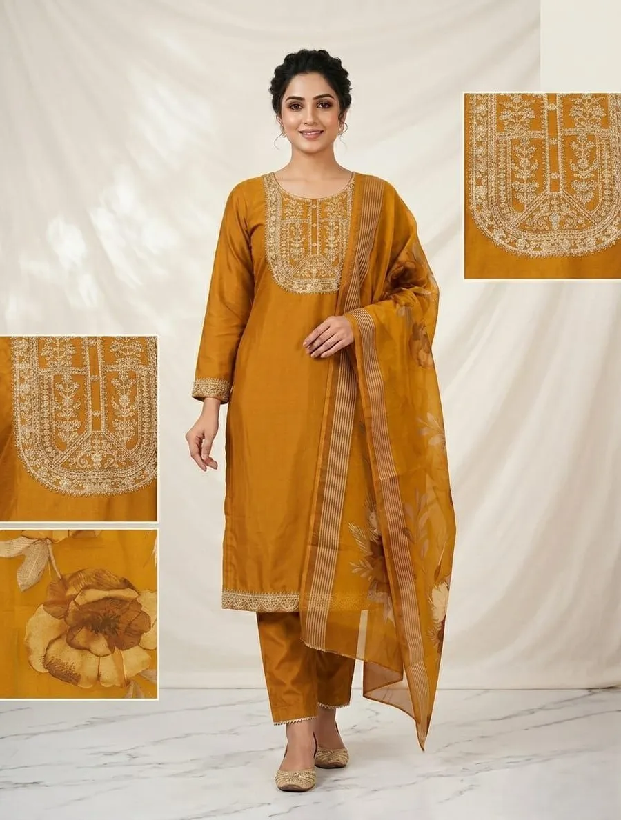 4NEW ARRIVAL SLUB COTTON CUT PASTE EMBROIDERY WORK TOP BOTTOM WITH DUPATTA FESTIVE WEAR WHOLESALE PRICE ETHNIC GARMENT (40)