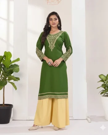 RICH LOOK RAYON EMBROIDERY WORK KURTI PALAZZO SET GREEN