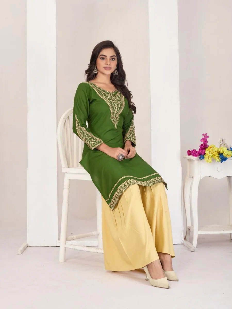 4RICH LOOK RAYON EMBROIDERY WORK KURTI PALAZZO SET FESTIVE WEAR WHOLESALE PRICE ETHNIC GARMENT (8)