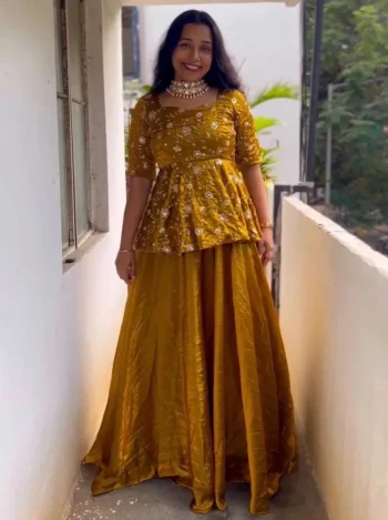 RICH LOOK SPACE SILK SEQUENCE EMBROIDERY WORK TOP LEHENGA SET YELLOW