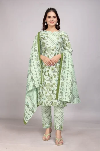 CASUAL POWDER SLUB PRINTED WORK TOP BOTTOM WITH DUPATTA GREEN