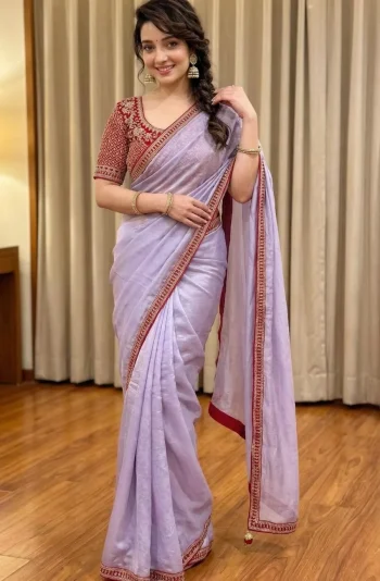 DESIGNER CRUSH SILK HAND WORK FANCY LACE BORDER WORK SAREE WITH STITCHED BLOUSE LAVENDER