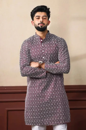DESIGNER KHADI SILK SEQUENCE EMBROIDERY CHIKANKARI WORK MEN'S ONLY KURTA PURPLE