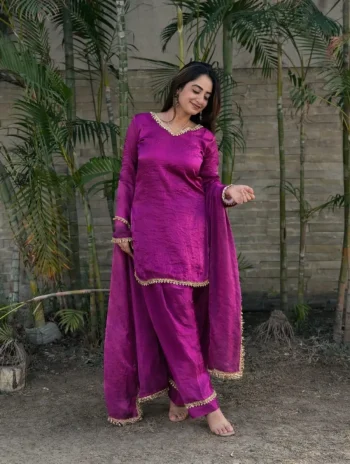FANCY FENDY SATIN MIRROR AND MOTI WITH LACE BORDER WORK TOP PALAZZO WITH DUPATTA PURPLE