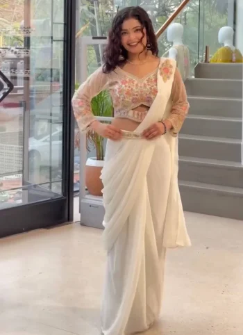 FANCY GEORGETTE EMBROIDERY BUTTA WORK READY TO WEAR SAREE WITH STITCHED BLOUSE OFF WHITE