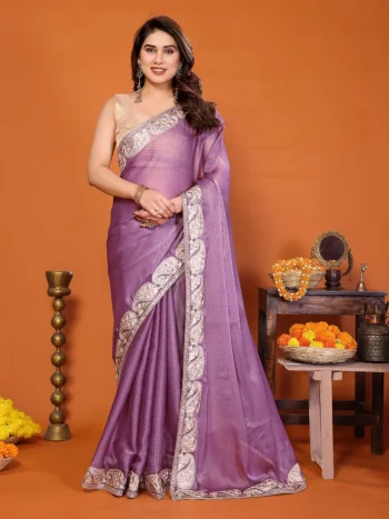 MODERN CHIFFON EMBROIDERY WORK SAREE WITH UNSTITCHED BLOUSE PURPLE