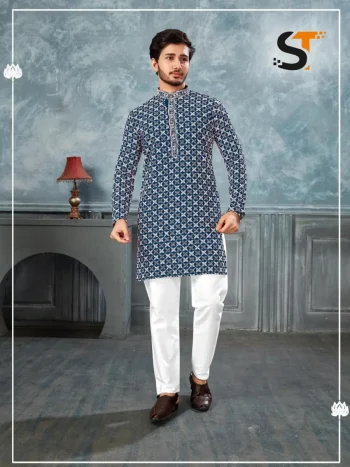 MODERN RAYON  CHIKAN WORK MEN'S KURTA PAYJAMA TEAL
