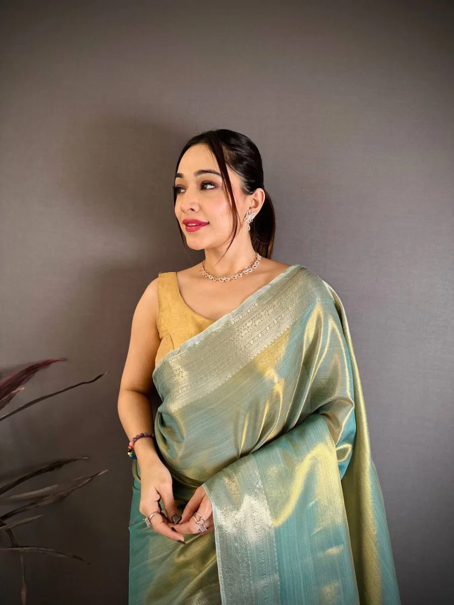 5NEW ARRIVAL BANARASI TISSUE SILK WEAVING ZARI WORK SAREE WITH UNSTITCHED BLOUSE FESTIVE WEAR WHOLESALE PRICE ETHNIC GARMENT (29)