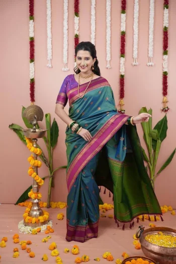 NEW ARRIVAL TWO TONE SILK ZARI MOTIFS WITH WOVEN CONTRAST ZARI PALLU AND  BORDER WORK SAREE WITH UNSTITCHED BLOUSE GREEN