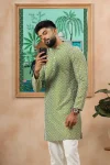 DESIGNER KHADI SILK SEQUENCE EMBROIDERY CHIKANKARI WORK MEN'S ONLY KURTA GREEN