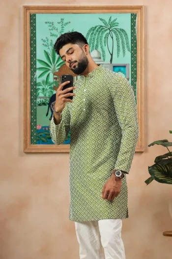 DESIGNER KHADI SILK SEQUENCE EMBROIDERY CHIKANKARI WORK MEN'S ONLY KURTA GREEN