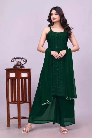 FANCY GEORGETTE SEQUENCE EMBROIDERY WORK TOP PALAZZO WITH DUPATTA GREEN