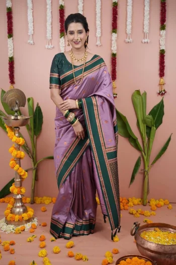 NEW ARRIVAL TWO TONE SILK ZARI MOTIFS WITH WOVEN CONTRAST ZARI PALLU AND  BORDER WORK SAREE WITH UNSTITCHED BLOUSE LAVENDER