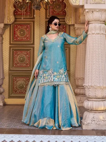 FANCY FENDY EMBROIDERY BEADS (MOTI) SEQUENCE & THREAD WORK TOP LEHENGA WITH DUPATTA SKY