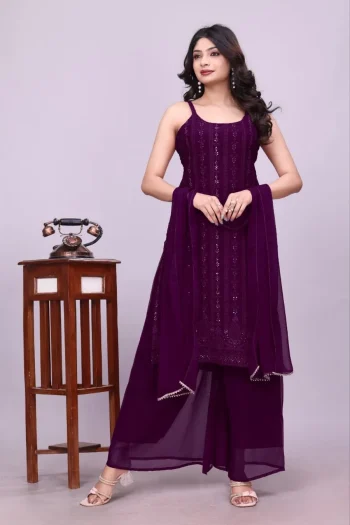 FANCY GEORGETTE SEQUENCE EMBROIDERY WORK TOP PALAZZO WITH DUPATTA PURPLE