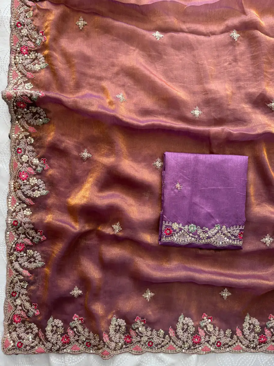 7MODERN CHIFFON SILK EMBROIDERY WITH PIPING BORDER WORK SAREE WITH UNSTITCHED BLOUSE WEDDING WEAR WHOLESALE PRICE ETHNIC GARMENT (15)