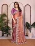 MODERN CHIFFON SILK EMBROIDERY WITH PIPING BORDER WORK SAREE WITH UNSTITCHED BLOUSE CHIKU
