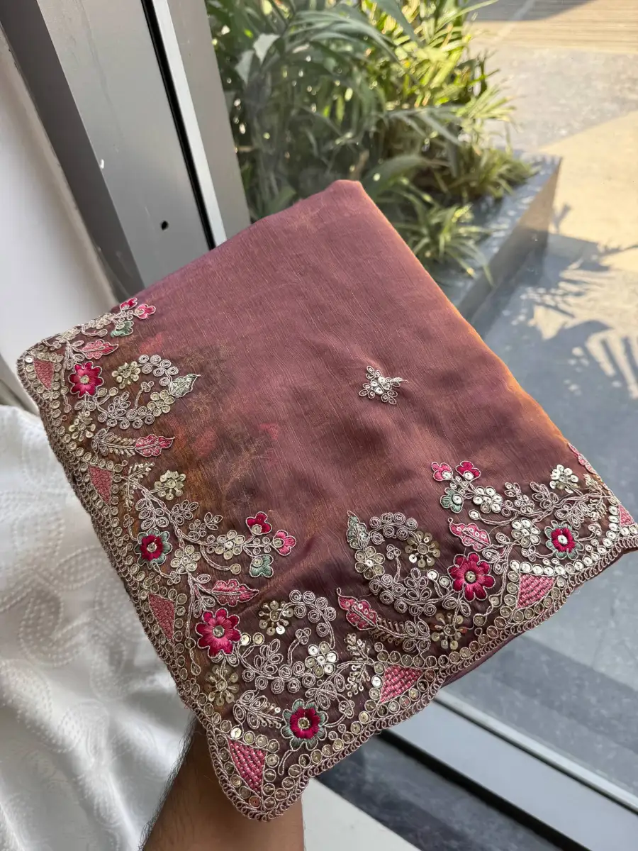 7MODERN CHIFFON SILK EMBROIDERY WITH PIPING BORDER WORK SAREE WITH UNSTITCHED BLOUSE WEDDING WEAR WHOLESALE PRICE ETHNIC GARMENT (20)