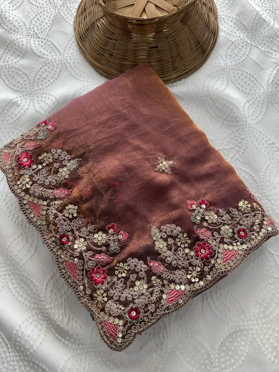 7MODERN CHIFFON SILK EMBROIDERY WITH PIPING BORDER WORK SAREE WITH UNSTITCHED BLOUSE WEDDING WEAR WHOLESALE PRICE ETHNIC GARMENT (21)