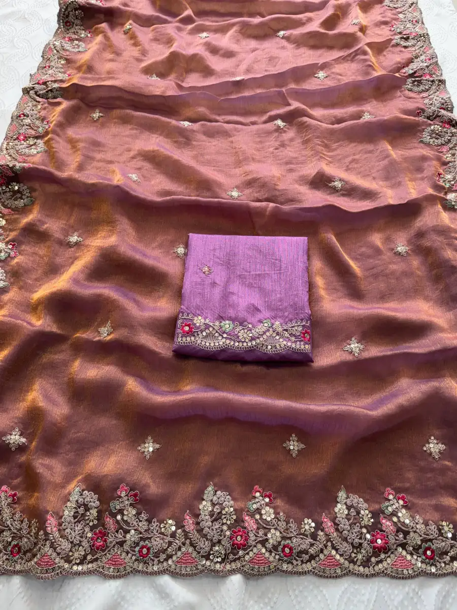 7MODERN CHIFFON SILK EMBROIDERY WITH PIPING BORDER WORK SAREE WITH UNSTITCHED BLOUSE WEDDING WEAR WHOLESALE PRICE ETHNIC GARMENT (22)