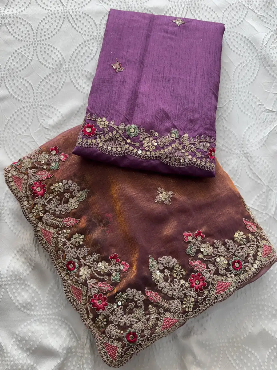 7MODERN CHIFFON SILK EMBROIDERY WITH PIPING BORDER WORK SAREE WITH UNSTITCHED BLOUSE WEDDING WEAR WHOLESALE PRICE ETHNIC GARMENT (23)