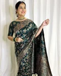 NEW ARRIVAL LICHI SILK RICH PALLU & JACQUARD WORK SAREE WITH UNSTITCHED BLOUSE GREEN