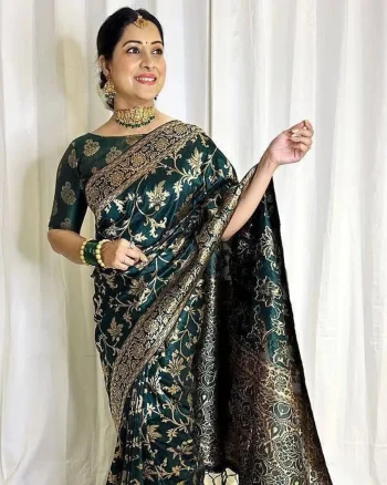 NEW ARRIVAL LICHI SILK RICH PALLU & JACQUARD WORK SAREE WITH UNSTITCHED BLOUSE GREEN