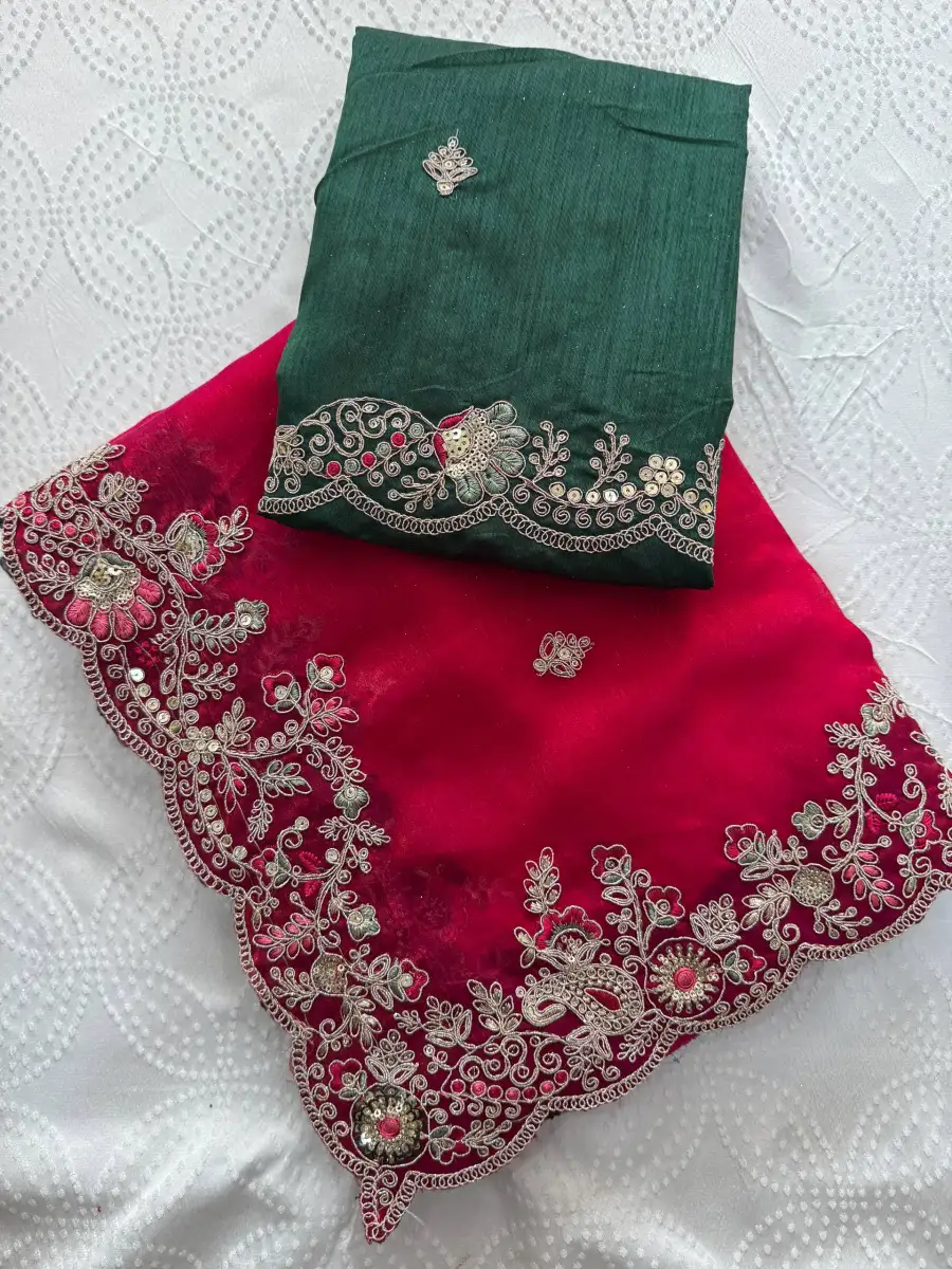 7TRENDING CHIFFON SILK EMBROIDERY WITH PIPING BORDER WORK SAREE WITH UNSTITCHED BLOUSE WEDDING WEAR WHOLESALE PRICE ETHNIC GARMENT (12)