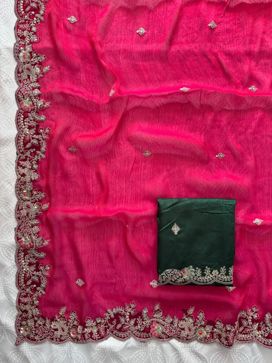 7TRENDING CHIFFON SILK EMBROIDERY WITH PIPING BORDER WORK SAREE WITH UNSTITCHED BLOUSE WEDDING WEAR WHOLESALE PRICE ETHNIC GARMENT (13)