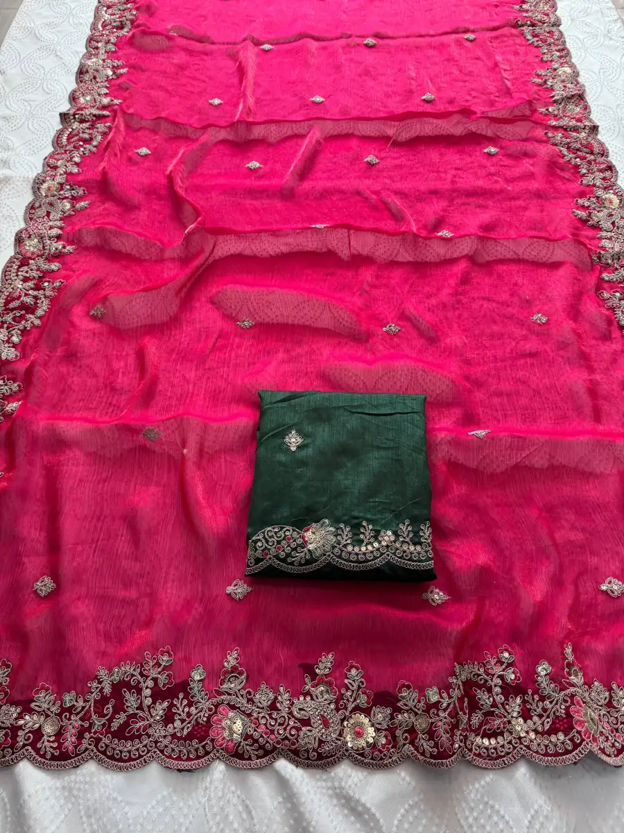7TRENDING CHIFFON SILK EMBROIDERY WITH PIPING BORDER WORK SAREE WITH UNSTITCHED BLOUSE WEDDING WEAR WHOLESALE PRICE ETHNIC GARMENT (14)