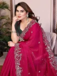 7TRENDING CHIFFON SILK EMBROIDERY WITH PIPING BORDER WORK SAREE WITH UNSTITCHED BLOUSE WEDDING WEAR WHOLESALE PRICE ETHNIC GARMENT (15)