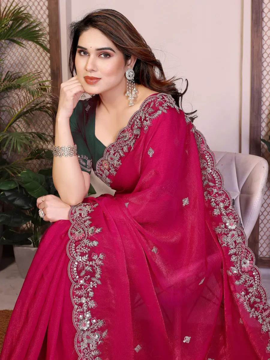 7TRENDING CHIFFON SILK EMBROIDERY WITH PIPING BORDER WORK SAREE WITH UNSTITCHED BLOUSE WEDDING WEAR WHOLESALE PRICE ETHNIC GARMENT (17)