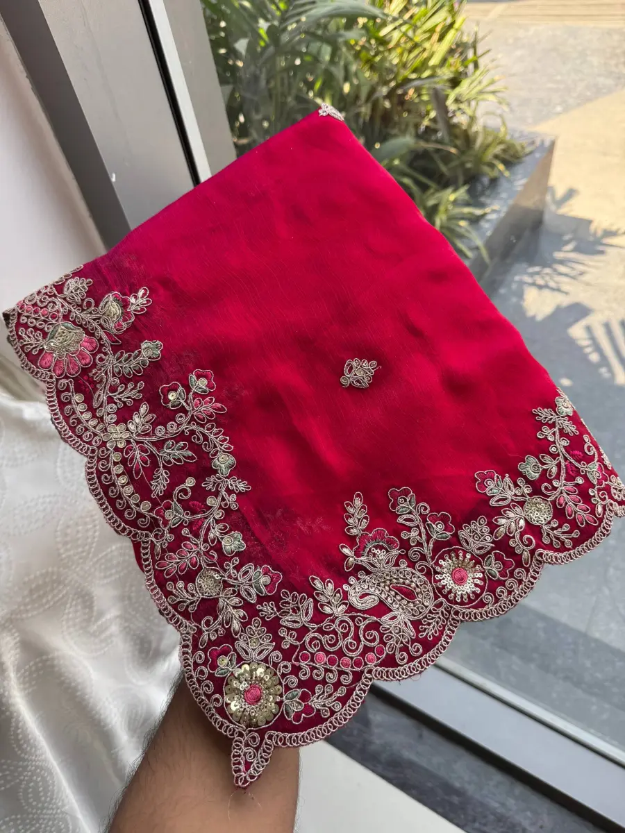 7TRENDING CHIFFON SILK EMBROIDERY WITH PIPING BORDER WORK SAREE WITH UNSTITCHED BLOUSE WEDDING WEAR WHOLESALE PRICE ETHNIC GARMENT (18)