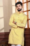 DESIGNER KHADI SILK SEQUENCE EMBROIDERY CHIKANKARI WORK MEN'S ONLY KURTA YELLOW