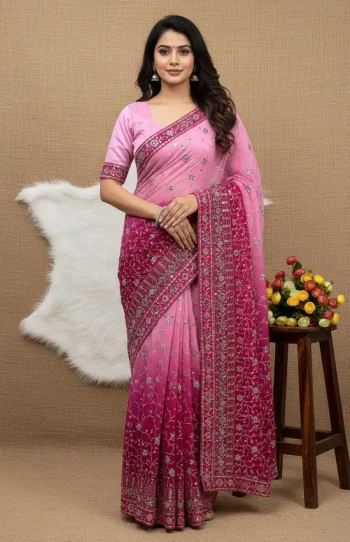 FANCY GEORGETTE EMBROIDERY SEQUENCE THREAD WORK SAREE WITH UNSTITCHED BLOUSE PINK