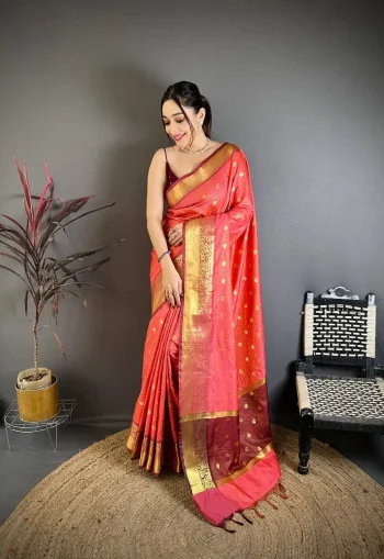 TRENDING BANARASI TISSUE BUTTI WORK WITH HEAVY BORDER SAREE WITH UNSTITCHED BLOUSE GAJARI
