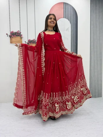 ATTRACTIVE GEORGETTE EMBROIDERY SEQUENCE WORK GOWN WITH DUPATTA RED