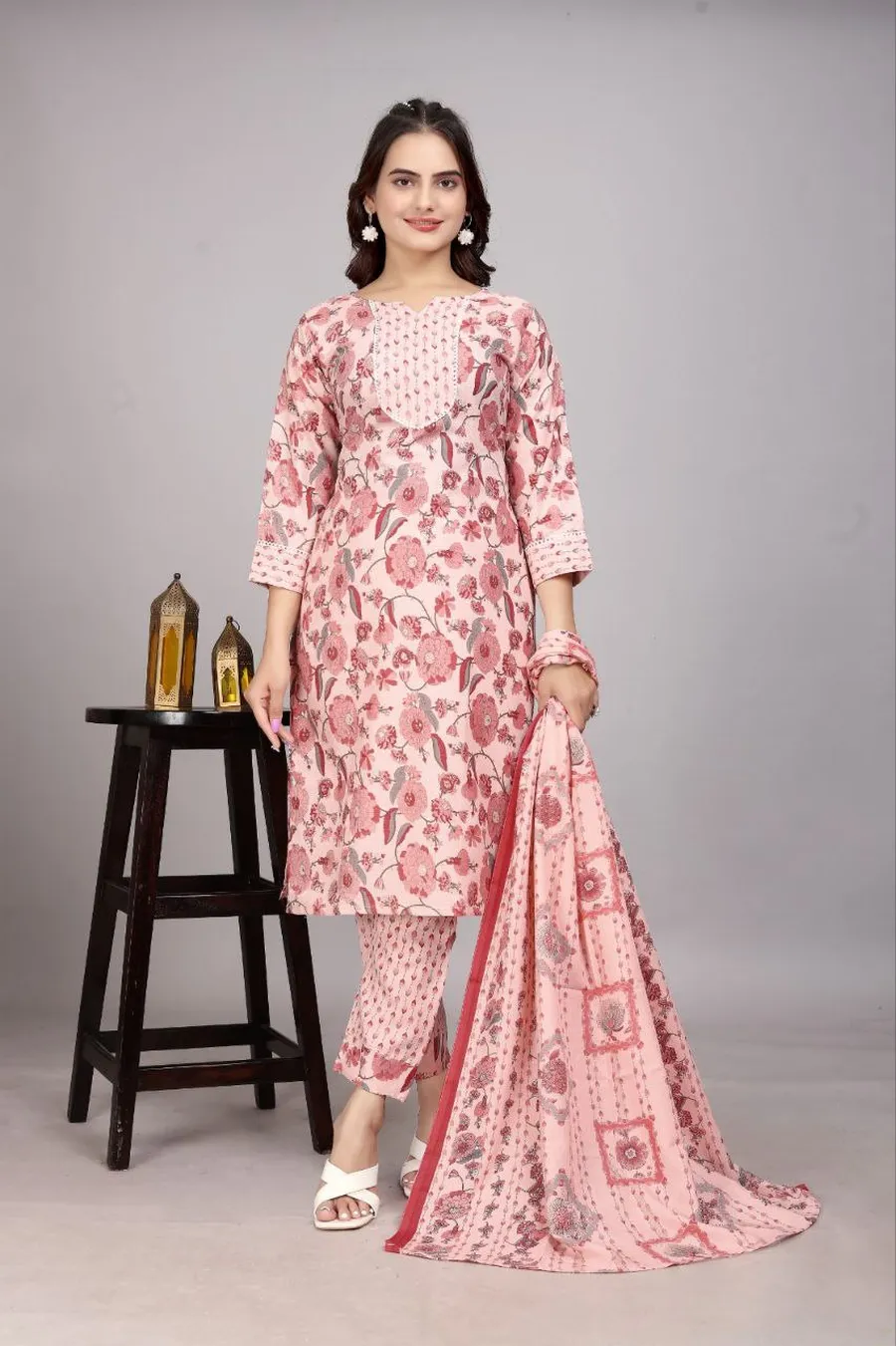CASUAL POWDER SLUB PRINTED WORK TOP BOTTOM WITH DUPATTA DAILY WEAR WHOLESALE PRICE ETHNIC GARMENT (5)