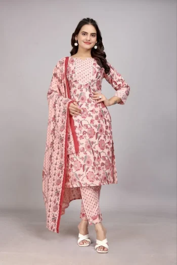 CASUAL POWDER SLUB PRINTED WORK TOP BOTTOM WITH DUPATTA PEACH