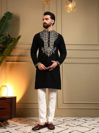 DESIGNER ARMANI LACHKO EMBROIDERY SEQUENCE WORK MEN'S KURTA PAYJAMA BLACK