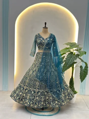 DESIGNER BUTTERFLY NET SEQUENCE AND CODING EMBROIDERY WORK LEHENGA CHOLI WITH DUPATTA TEAL
