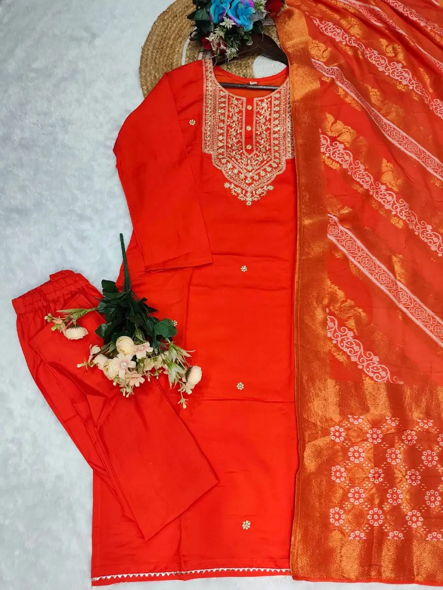 DESIGNER CHANDERI COTTONEMBROIDERY WORK TOP BOTTOM WITH DUPATTA FESTIVE WEAR WHOLESALE PRICE ETHNIC GARMENT (13)